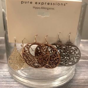 Set of 3 gold silver and copper toned boho earrings